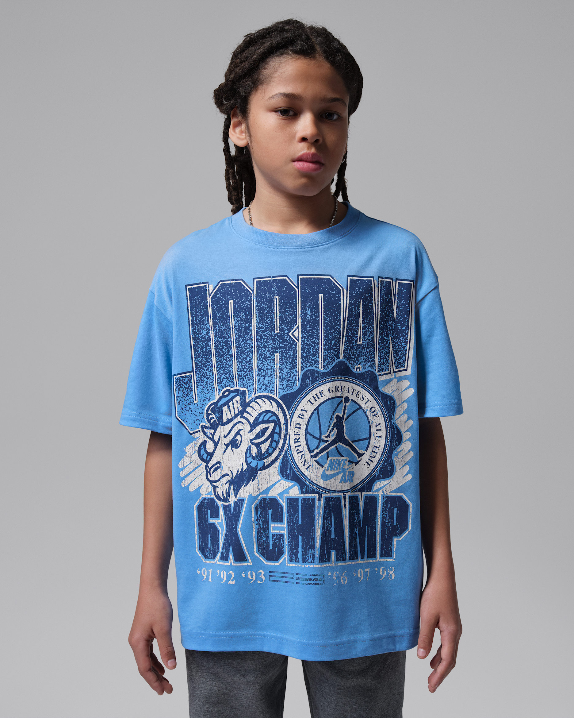 Jordan Big Kids' AJ11 University Blue Retro GOAT T-Shirt. Nike.com